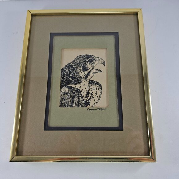 Vintage Framed Falcon Drawing Signed by Artist 8.5x10.5 Inch Gold Frame Nature W - Picture 6 of 6